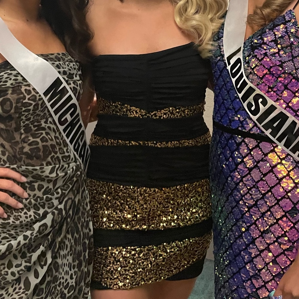 Strapless ruched black and gold sequin dress